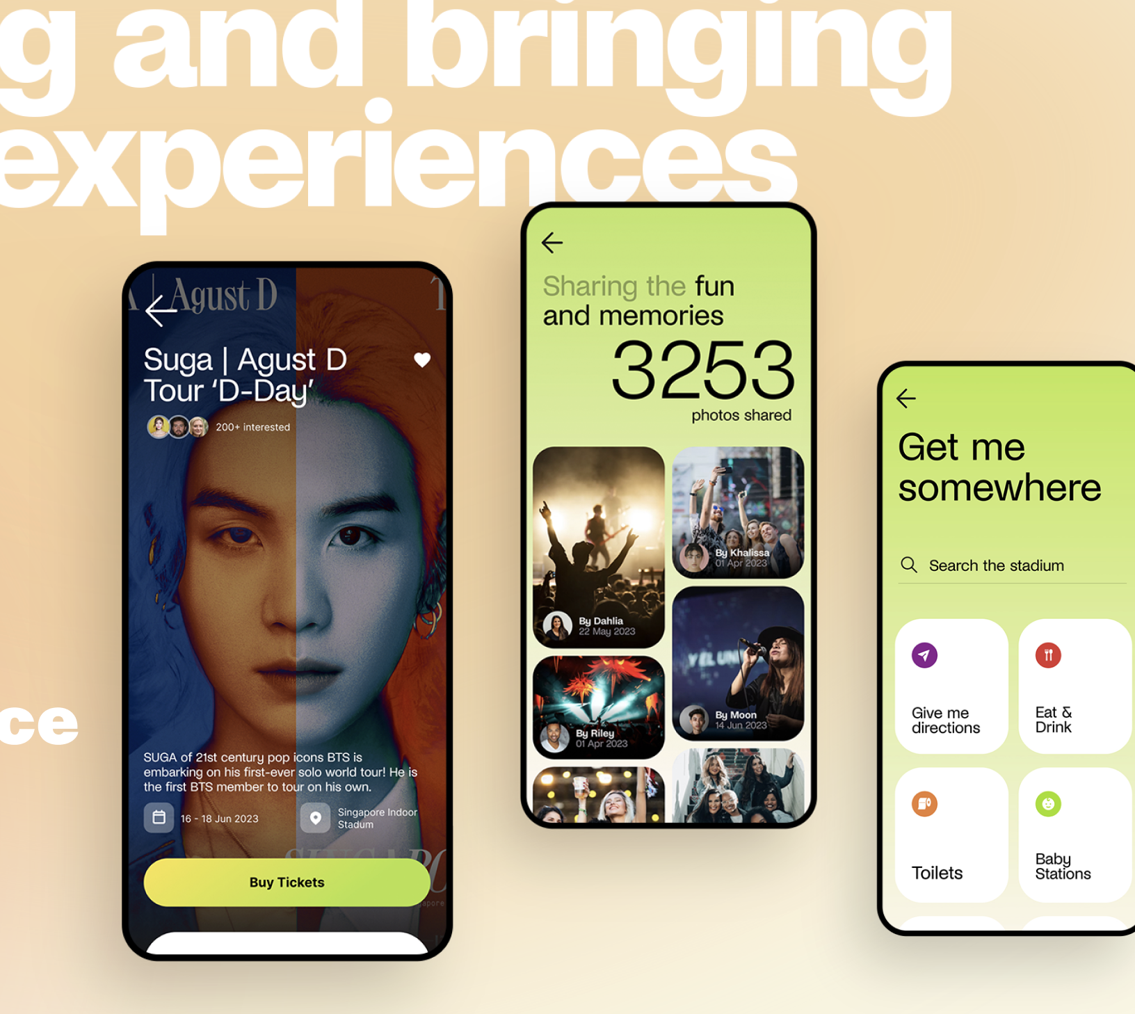 Showcase of the full app experience — event discovery, photo sharing, and wayfinding