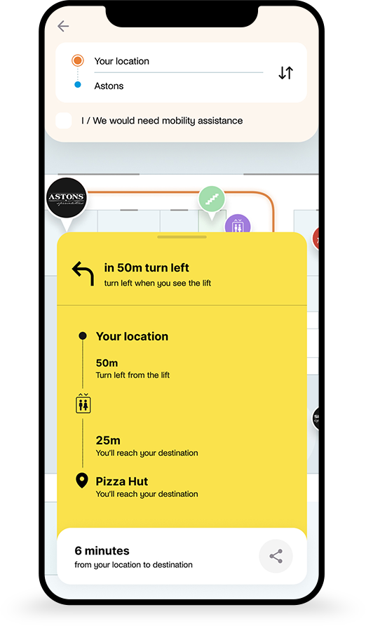 Wayfinding POC — step-by-step directions with distance and landmark cues